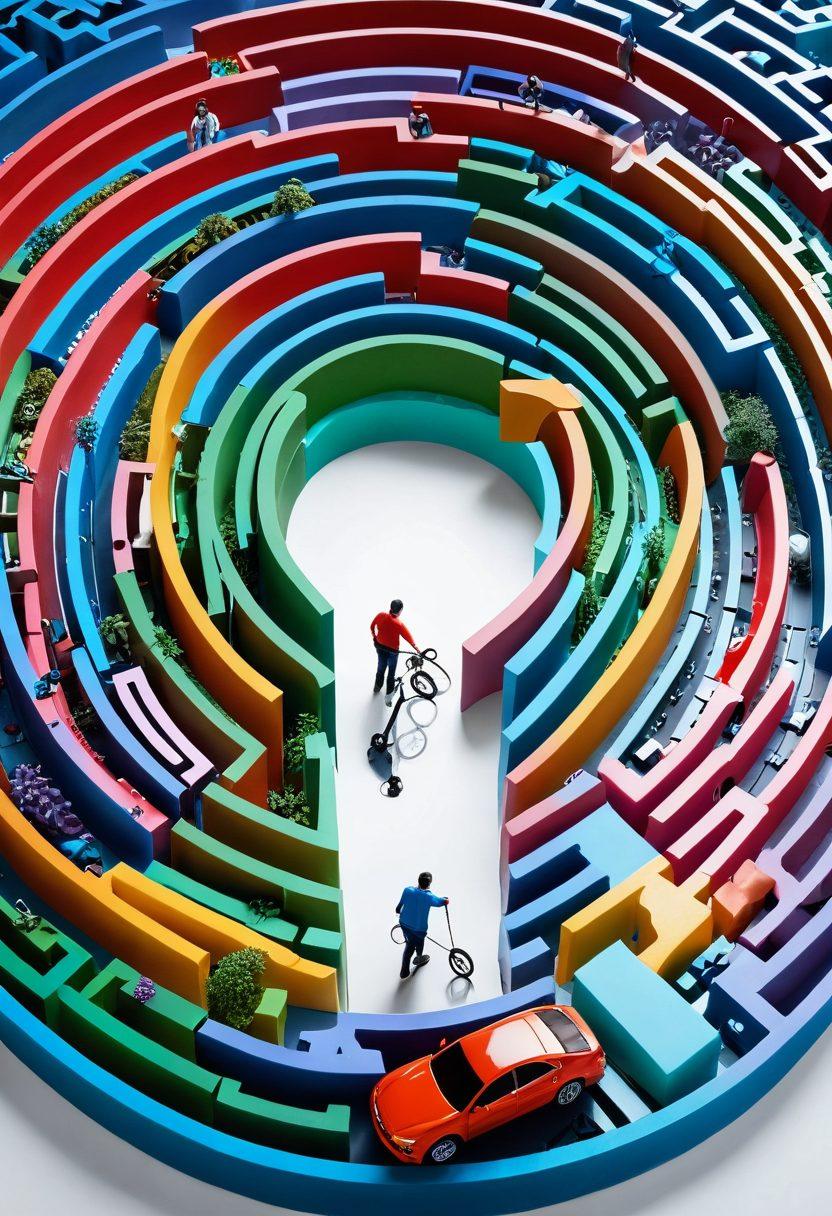 A complex, intricately designed maze shaped like a car, showcasing various paths leading to different insurance options represented by signs. Include a person holding a magnifying glass, symbolizing careful comparison, and scattered symbols of coverage like shields and checkmarks. The colors should be vibrant and engaging, evoking a sense of exploration and choice. super-realistic. vibrant colors. white background.