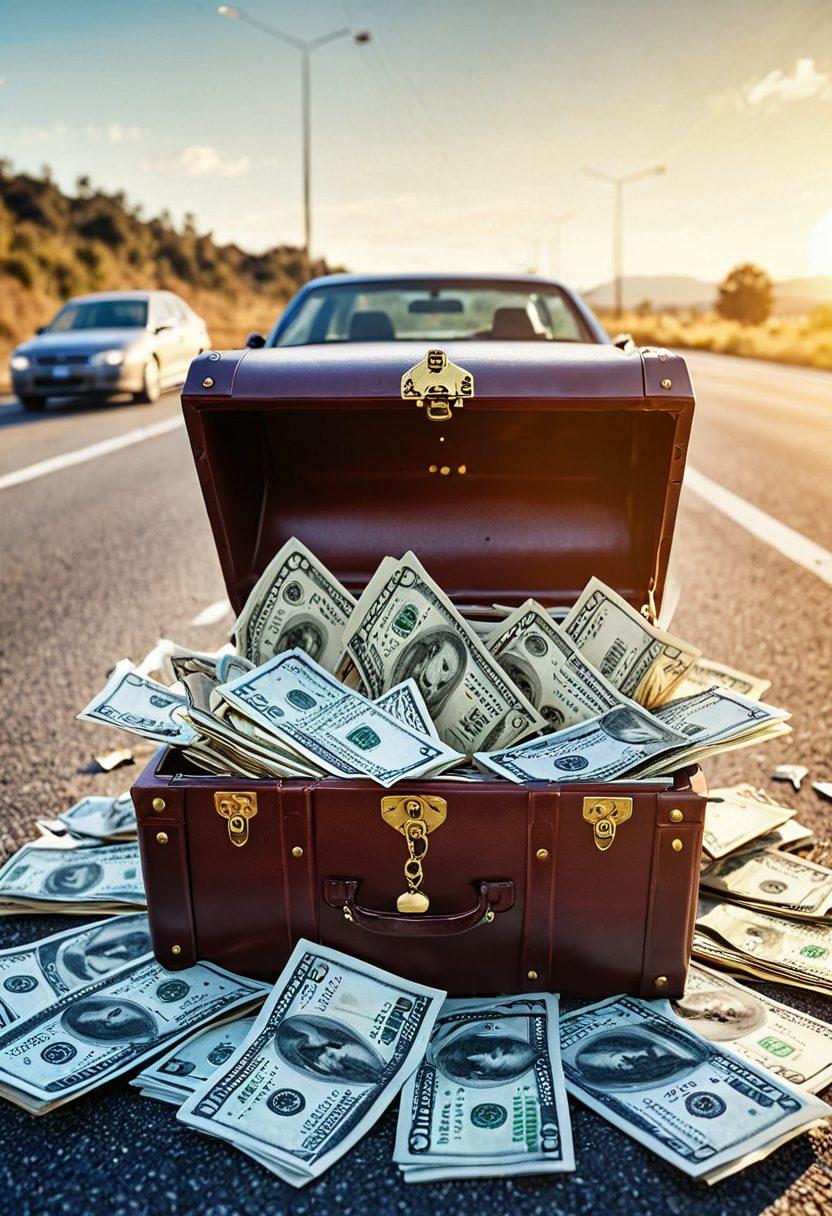 A visually engaging guide showcasing an open treasure chest filled with car insurance documents, keys, and dollar bills spilling out. In the background, a calm highway and parked cars symbolize affordable options and savings. Soft sunlight bathes the scene, enhancing a welcoming feel. Infographics and graphs subtly overlay the chest, illustrating tips on comprehensive coverage. vibrant colors. super-realistic.