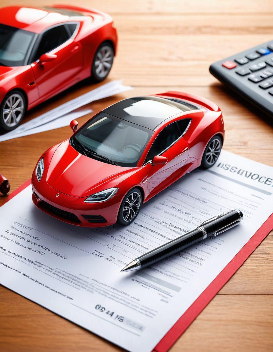 A magnifying glass hovering over a car insurance policy document, revealing hidden discounts in bright, bold text. In the background, a red sports car and a calculator sit on a wooden desk, symbolizing smart savings. Sunlight beams through a window, highlighting the importance of finding the best rates. super-realistic. vibrant colors. light and airy atmosphere.
